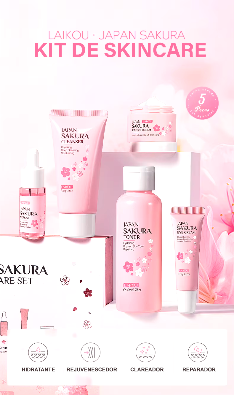 Skin Care LAIKOU Sakura Japão - Sérum Rejuvenescedor Creme Hidratante Luminoso Removedor de manchas 5pcs