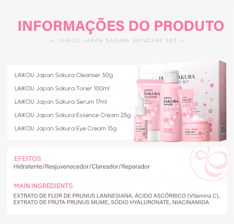 Skin Care LAIKOU Sakura Japão - Sérum Rejuvenescedor Creme Hidratante Luminoso Removedor de manchas 5pcs