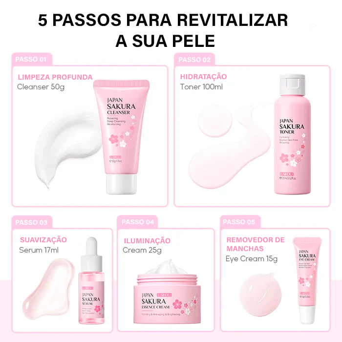 Skin Care LAIKOU Sakura Japão - Sérum Rejuvenescedor Creme Hidratante Luminoso Removedor de manchas 5pcs